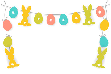 Vector paper Easter eggs and bunny garland as background or frame or border for greeting card, holiday poster, banner, invitation, Easter promo, spring event. Holiday Pascha, Resurrection Sunday