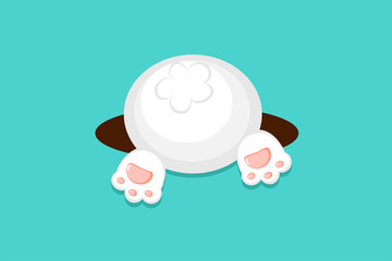 Vector flat style white bunny bottom for spring easter or autumn harvesting Thanksgiving day poster, banner, logo, greeting card, invitation. Cute fur ass and paws of a rabbit holding in a hole