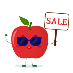 Cute red apple cartoon character in sunglasses keeps a sale sign. Vector illustration, a flat style