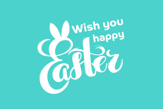 Vector hand drawn text Happy Easter with bunny ears for greeting card, holiday poster, banner, invitation, Easter sales or promo, spring event. Holiday Pascha, Resurrection Sunday, brush lettering