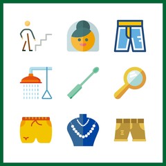 9 makeup icon. Vector illustration makeup set. necklace and test tubes brush icons for makeup works