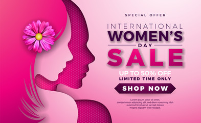 Womens Day Sale design with Beautiful Woman Face Silhouette and Flower on Pink Background. Vector Floral Illustration Template for Coupon, Banner, Voucher or Promotional Poster.