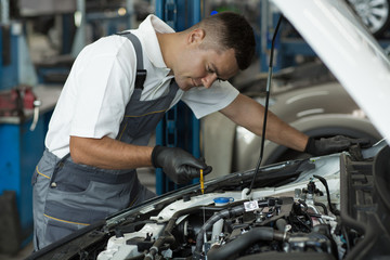 Side view of worker of car service leaning over hood and checking oil level in white car. Experienced mechanic in white shirt, uniform and protective gloves in process of repairing automobile.