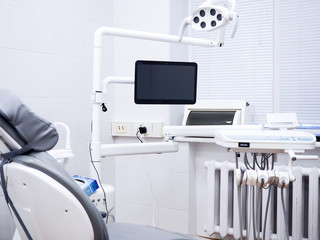 dental office, patient's chair, tools for dentist, Dental Hygiene.