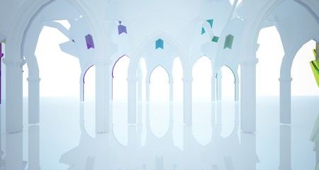 Abstract white and colored gradient glasses gothic interior. 3D illustration and rendering.