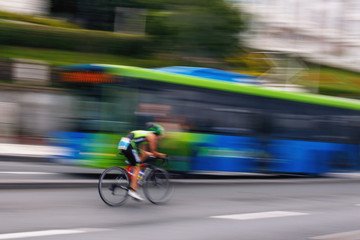Blurred silhouettes of bicyclist participating in the race in the Spanish city of San Sebastian