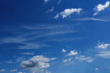 beautiful blue sky with white cumulus and cirrus clouds up to the horizon