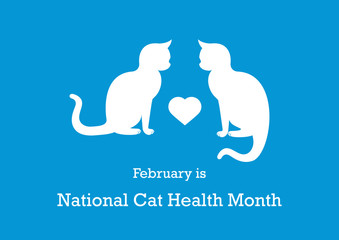 National Cat Health Month vector. Cat silhouette vector. Sitting cat. White cat on a blue background. February is National Cat Health Month. Important day