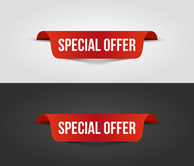Red special offer banner with shadow on white and dark background. Can be used with any background. Vector illustration.