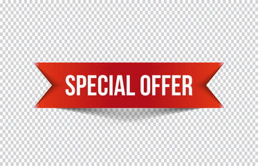 Red special offer banner with shadow on transparent background. Can be used with any background. Vector illustration.