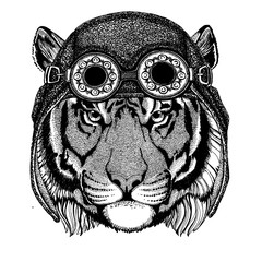 Cute animal wearing motorcycle, aviator helmet Wild tiger Hand drawn image for tattoo, emblem, badge, logo, patch, t-shirt
