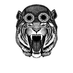 Cute animal wearing motorcycle, aviator helmet Wild tiger Hand drawn image for tattoo, emblem, badge, logo, patch, t-shirt