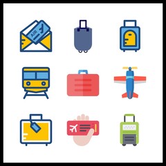 9 departure icon. Vector illustration departure set. suitcase and train icons for departure works