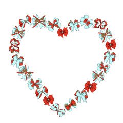 Frame in the shape of a heart from different bows and ribbons. Vector illustration.