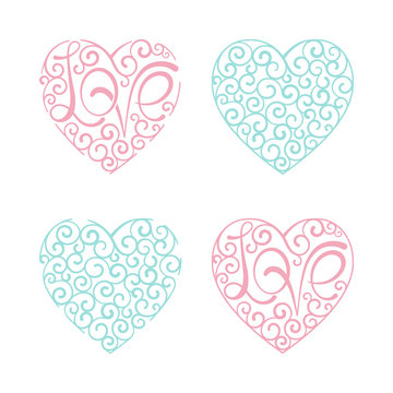 Heart set, curl, love lettering, design element. Vector illustration.