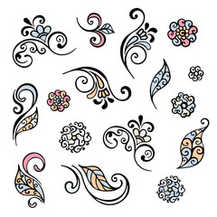 Floral doodles swirls decorative leaves, lace, floral design elements set. Hand drawn vector illustration.