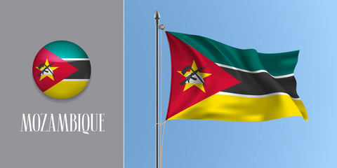Mozambique waving flag on flagpole and round icon vector illustration
