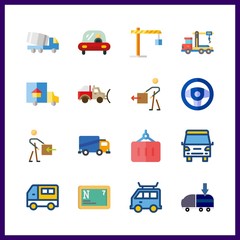 16 truck icon. Vector illustration truck set. winch and van icons for truck works