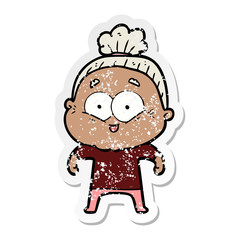 distressed sticker of a cartoon happy old woman