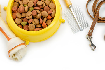 Dog food, brush and leash