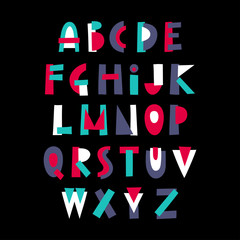 Vector display trendy alphabet made of colorful geometric shapes