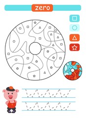 Coloring printable worksheet for kindergarten and preschool. Learning numbers and simple shapes. Zero