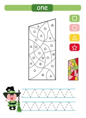 Coloring printable worksheet for kindergarten and preschool. Learning numbers and simple shapes. One