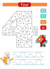 Coloring printable worksheet for kindergarten and preschool. Learning numbers and simple shapes. Four