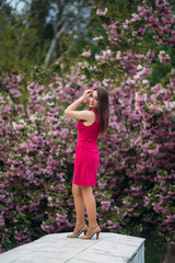 Young girl stand in front of sakura tree. Spring outside. Blossom tree