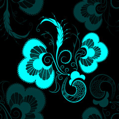 Blue bird, seamless vector decorative pattern, hand drawing, dark background