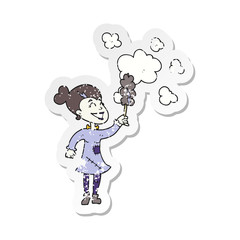 retro distressed sticker of a cartoon zombie woman dusting