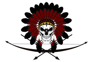 Fototapeta premium Indian skull in a crown of feathers and a bow for shooting and arrows.