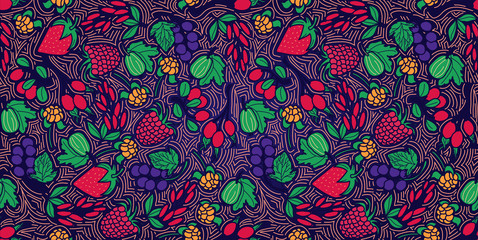 Pattern concept with different berries. Vector hand-draw line illustration.