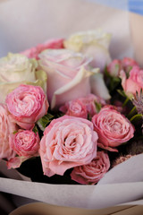 Bouquet of white and pink Roses. Close up. Copy space. Wedding, Mother's Day and Valentine's Day concept