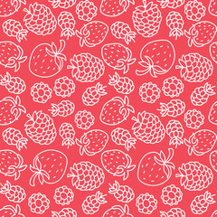 Strawberry and raspberry seamless pattern. Hand drawn fresh berry, fruit. Vector sketch background. Color doodle wallpaper. Print