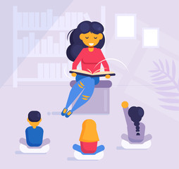 Woman reading a book to children in kindergarten or in the library Vector. Cartoon. Isolated art Flat