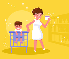 Mother with child in supermarket Vector. Cartoon. Isolated