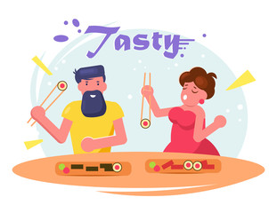Man and woman eating sushi Vector. Cartoon. Isolated