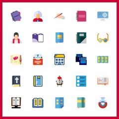 25 book icon. Vector illustration book set. computer and school bag for boys icons for book works