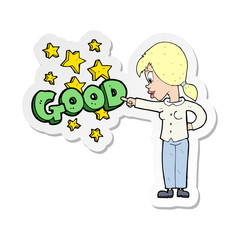 sticker of a cartoon woman pointing out the good