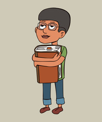 cartoon boy bookworm character hugging big book