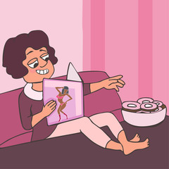 happy woman reading glossy magazine while eating cookies cartoon