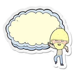 sticker of a cartoon man pointing at text cloud space