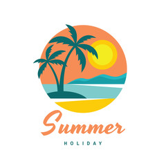 Fototapeta premium Summer holiday - concept business logo vector illustration in flat style. Tropical paradise creative badge. Palms, island, beach, sunrise, sea. Travel webbanner or poster. Graphic design element. 