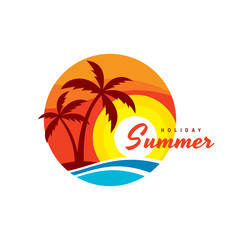 Fototapeta na wymiar Summer holiday - concept business logo vector illustration in flat style. Tropical paradise creative badge. Palms, island, beach, sunrise, sea wave. Travel web banner or poster. Graphic design element
