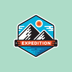 Adventure mountain - concept badge vector illustration. Expedition explorer creative logo in flat style. Discovery outdoor sign. Extreme exploration emblem. Summer camping. Graphic design element. 