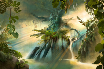 Big old tree in the jungle, fantasy dream landscape - obrazy, fototapety, plakaty