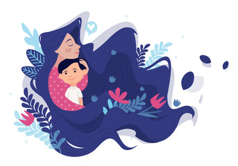Mother's love.Mom's hug. Mom and son.Vector illustration with floral elements. Card on Mother's Day