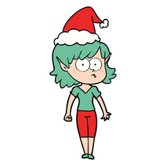 line drawing of a elf girl staring wearing santa hat