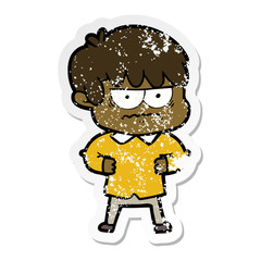distressed sticker of a annoyed cartoon boy